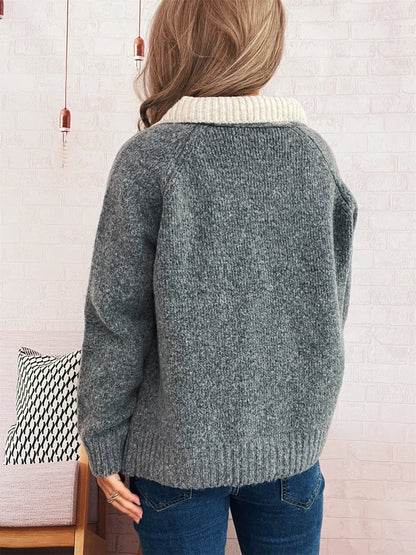 Contrast Collar Zip-Up Cardigan - Tigbul's Variety Fashion Shop