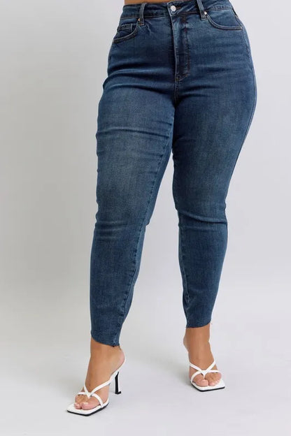 Judy Blue Full Size High Waist Tummy Control Step Hem Skinny Jeans Plus Size - Tigbul's Variety Fashion Shop
