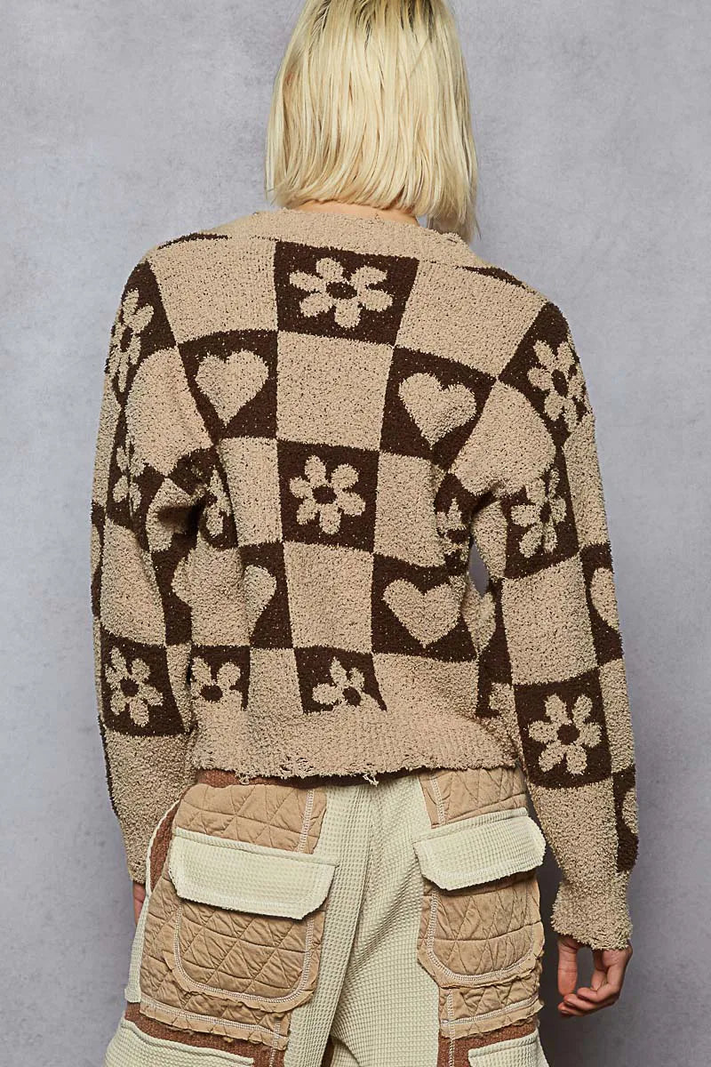 POL V-Neck Heart Pattern Checkered Sweater - Tigbul's Variety Fashion Shop