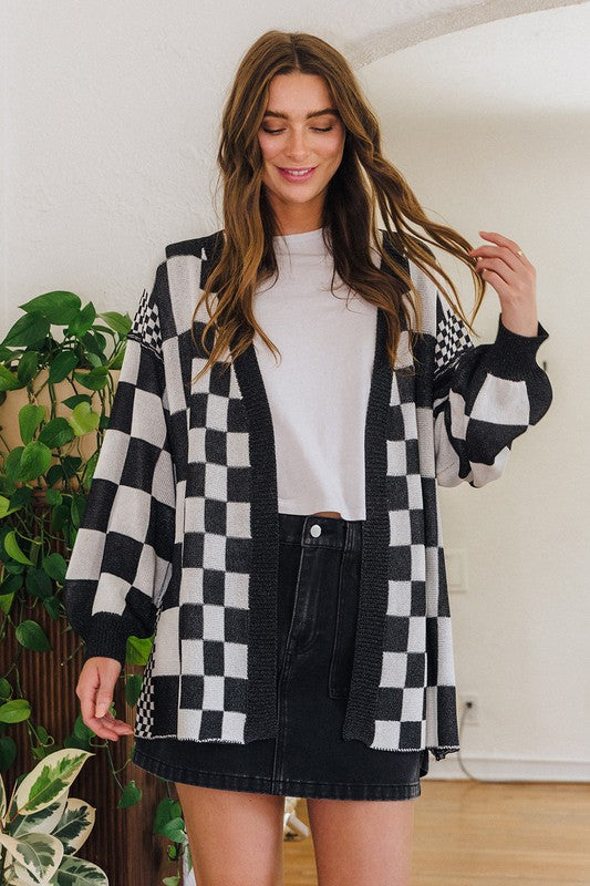 Black Checkered Open Front Drop Shoulder Cardigan - Tigbul's Variety Fashion Shop