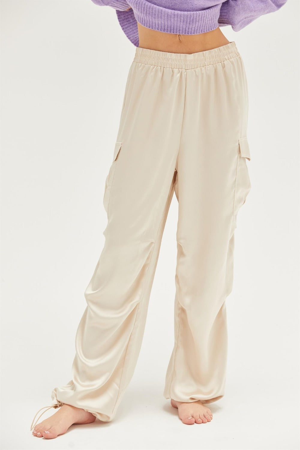 Satin Drawstring Hem Cargo Pants - Tigbul's Variety Fashion Shop