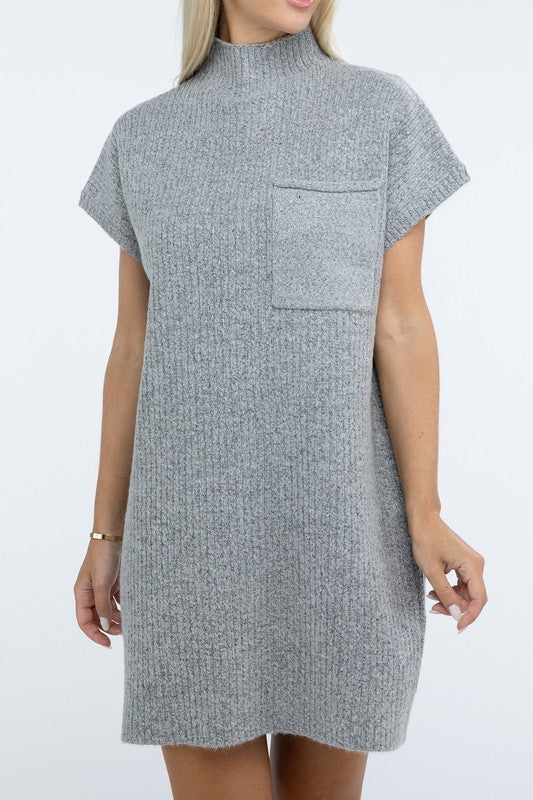 Mock Neck Short Sleeve Sweater Dress with Pocket - Tigbul's Variety Fashion Shop