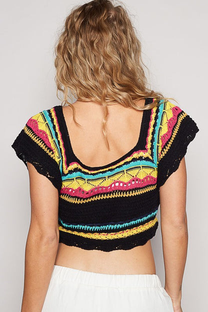 POL Openwork Ethnic Pattern Square Neck Cropped Knit Top - Tigbul's Variety Fashion Shop