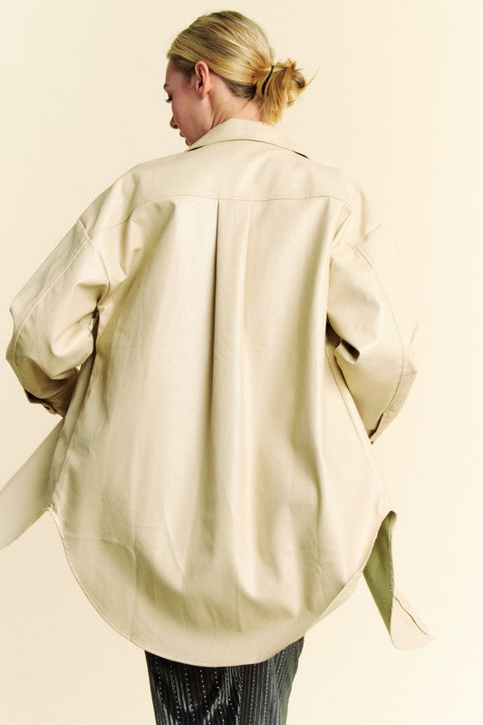 Beige Faux Leather Button Up Jacket with Chest Pockets - Tigbul's Variety Fashion Shop