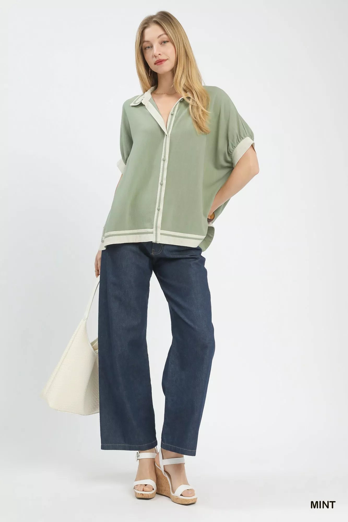 Linen Button Front Top with Contrast Piping - Tigbul's Variety Fashion Shop