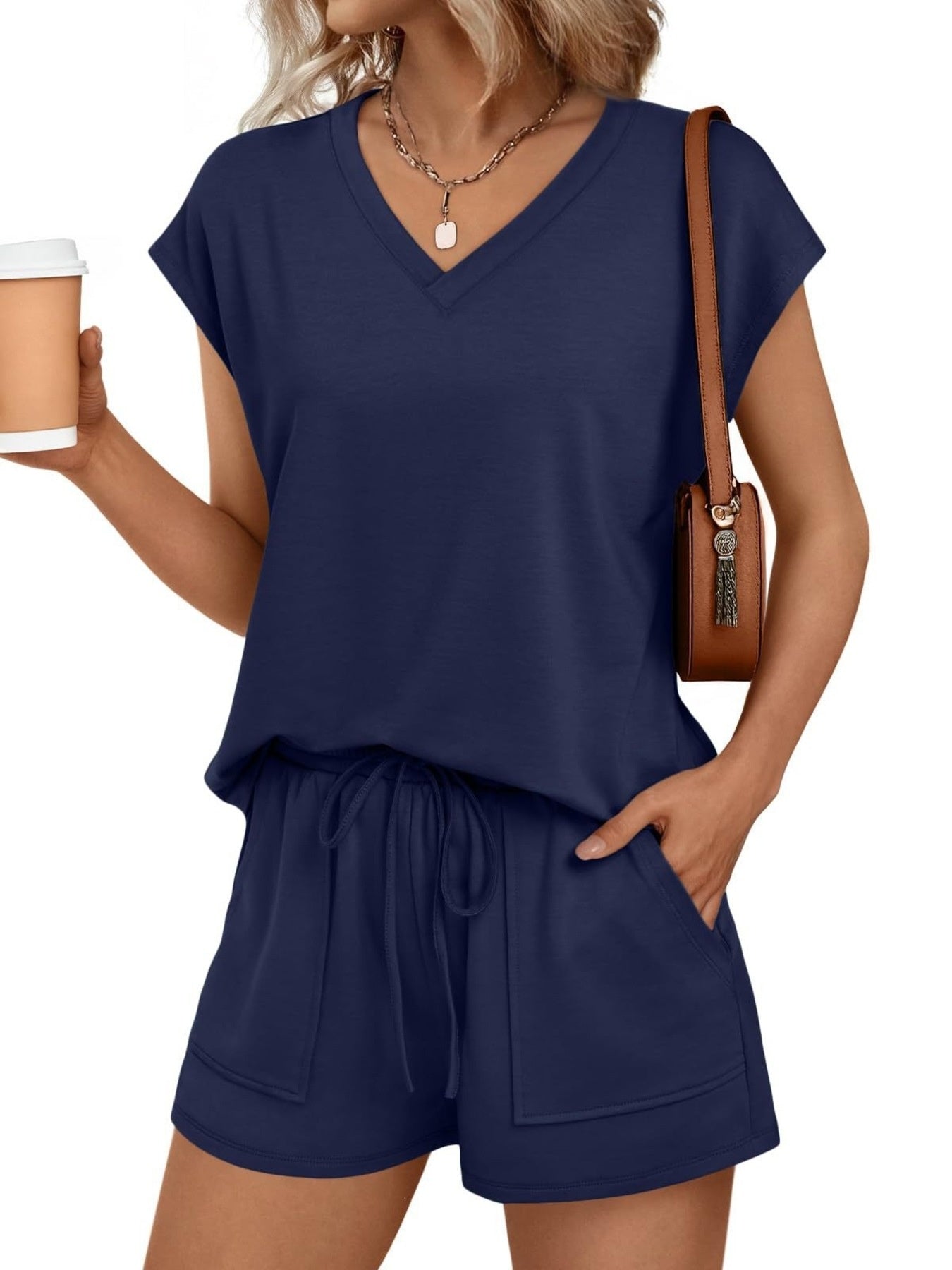 Navy V-neck t-shirt and drawstring shorts set with drawstring waist detail