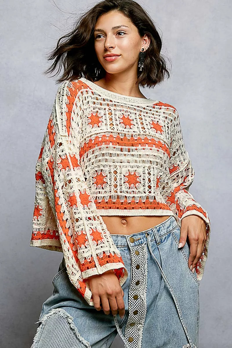 POL Boat Neck Long Sleeve Crochet Top with Granny Square Weaving - Tigbul's Variety Fashion Shop