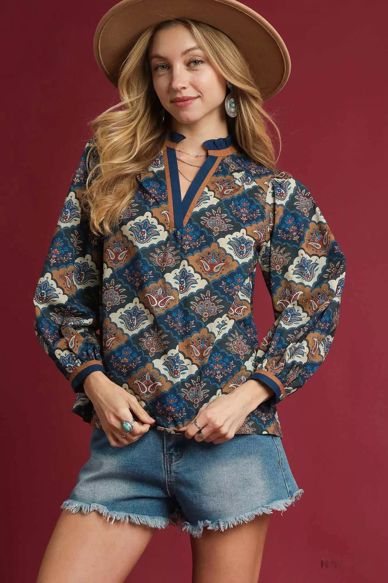 Umgee Abstract Print Ruffle Neck Top - Tigbul's Variety Fashion Shop