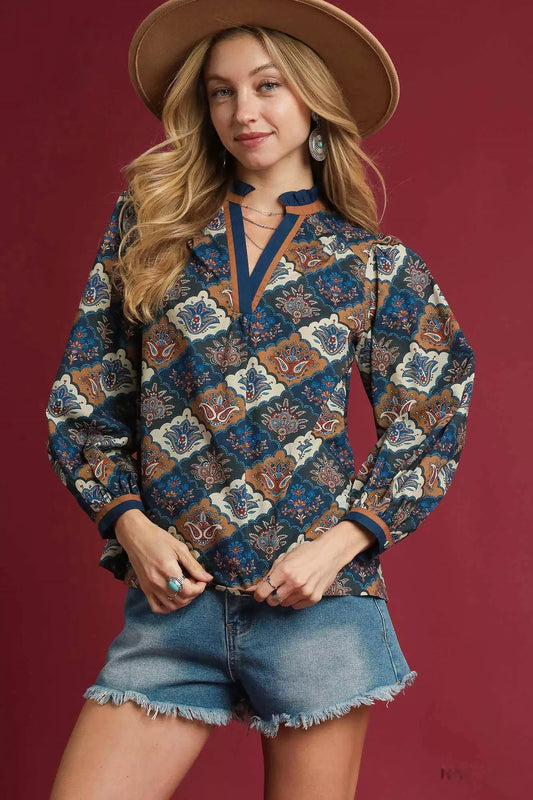 Umgee Abstract Print Ruffle Neck Top - Tigbul's Variety Fashion Shop