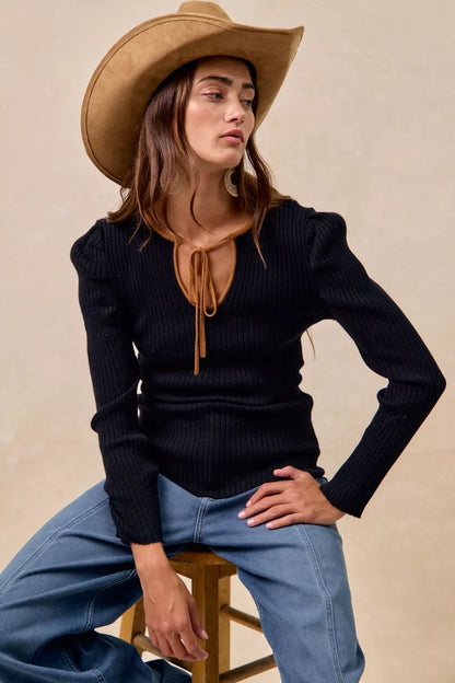 BiBi Ribbed Contrast Front Tied Top with Shrried - Tigbul's Variety Fashion Shop