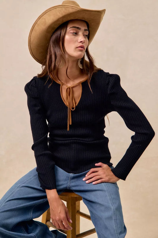 BiBi Ribbed Contrast Front Tied Top with Shrried - Tigbul's Variety Fashion Shop