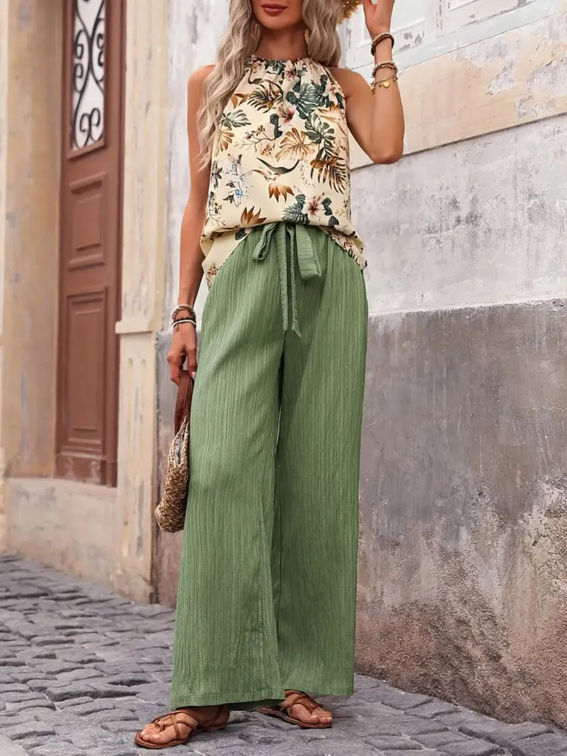 Printed Tank Top and Wide Leg Pants Set - Tigbul's Variety Fashion Shop