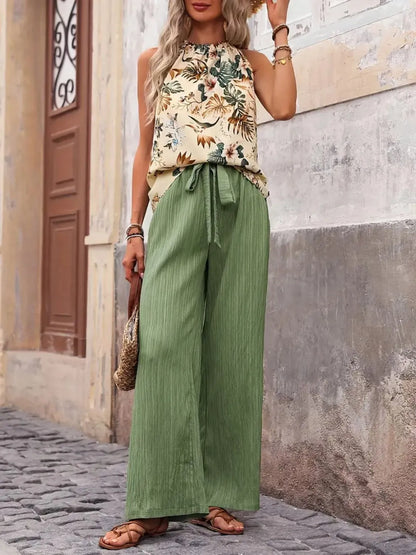 Printed Tank Top and Wide Leg Pants Set - Tigbul's Variety Fashion Shop