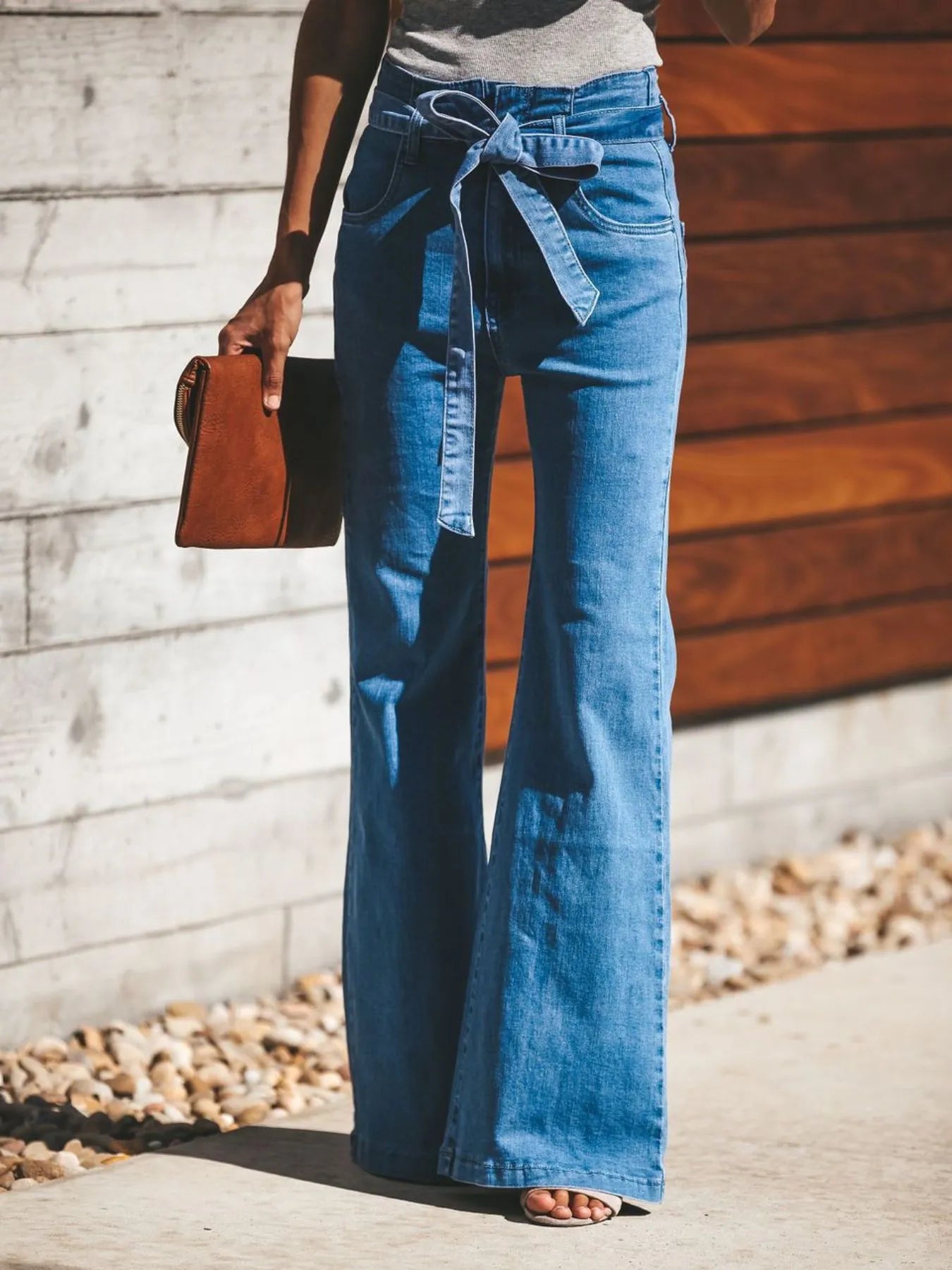 High-Waisted Tie-Front Flare Jeans - Tigbul's Variety Fashion Shop