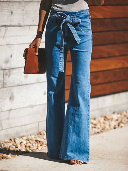 High-Waisted Tie-Front Flare Jeans - Tigbul's Variety Fashion Shop