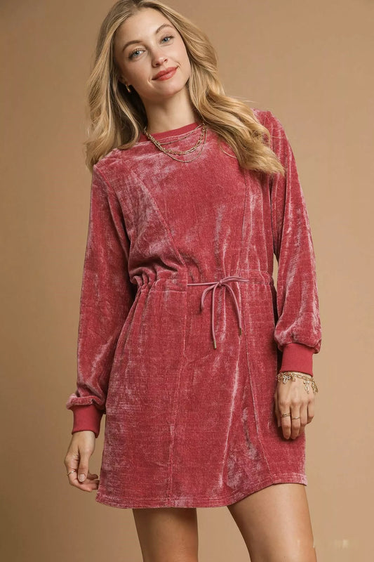 Burgundy Velour Drawstring Mini Dress with Long Sleeves - Tigbul's Variety Fashion Shop