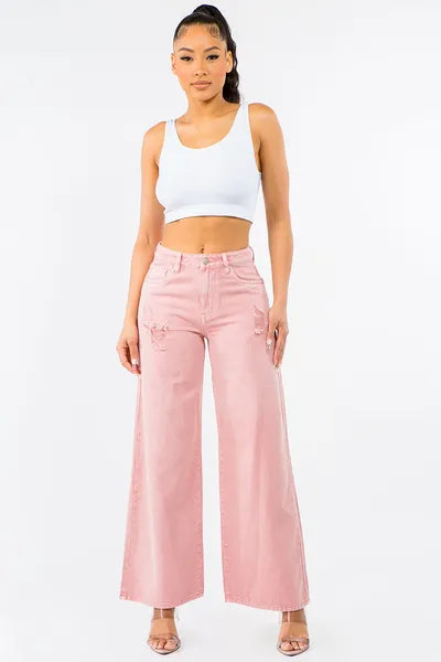 Pink High Waist Distressed Wide Leg Jeans | Tigbuls Variety