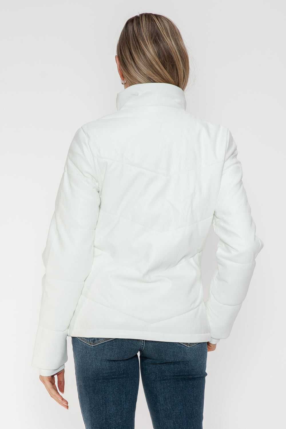 White Pocketed Zip Up Turtleneck Puffer Jacket