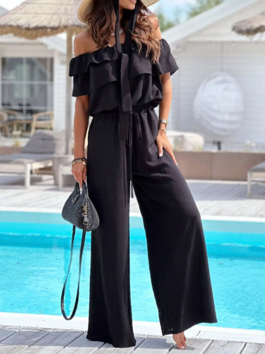 Off-Shoulder Ruffled Wide Leg Jumpsuit - Tigbul's Variety Fashion Shop