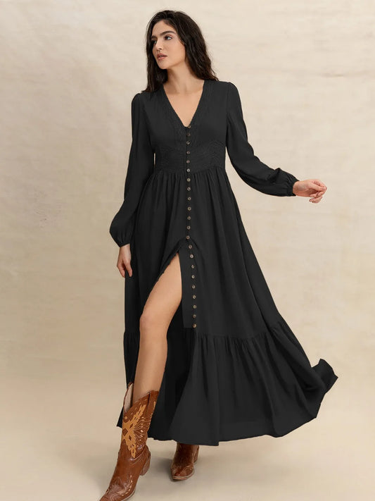 V-Neck Long Sleeve Dress - Tigbul's Variety Fashion Shop