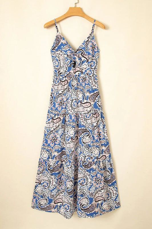 Paisley Print Twist Detail Smocked Back Spaghetti Straps Dress - Tigbul's Variety Fashion Shop