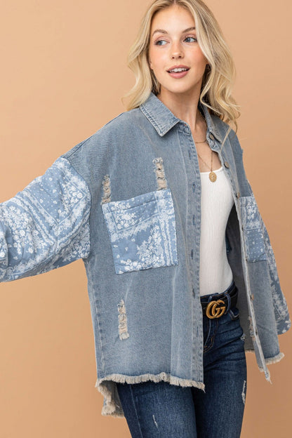 And The Why Full Size Paisley Print Quilted Sleeves Denim Jacket - Tigbul's Variety Fashion Shop