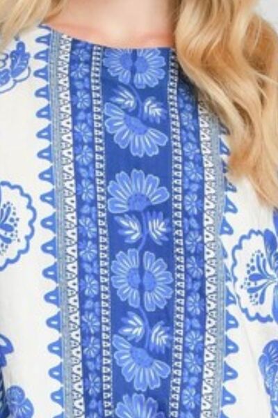 Blue Floral Border Print Oversized Top - Tigbul's Variety Fashion Shop