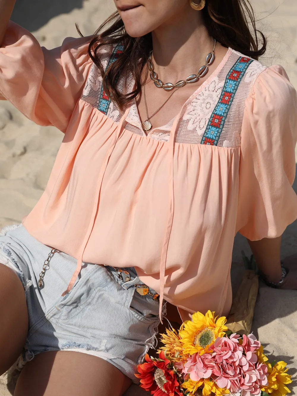 Tie Neck Half Sleeve Blouse - Tigbul's Variety Fashion Shop