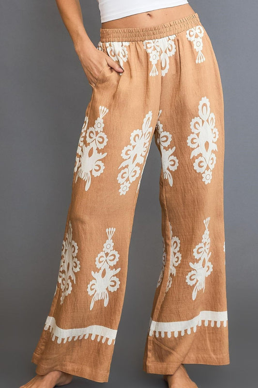 Umgee Full Size Border Print Wide Leg Pants Plus Size - Tigbul's Variety Fashion Shop