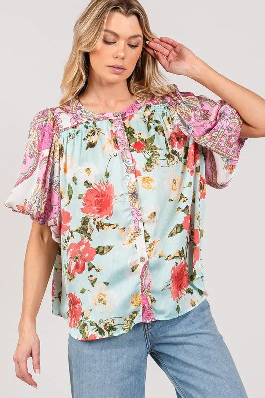 Plus Size Floral Mineral Wash Blue French Terry Button Up Shirt - Tigbul's Variety Fashion Shop