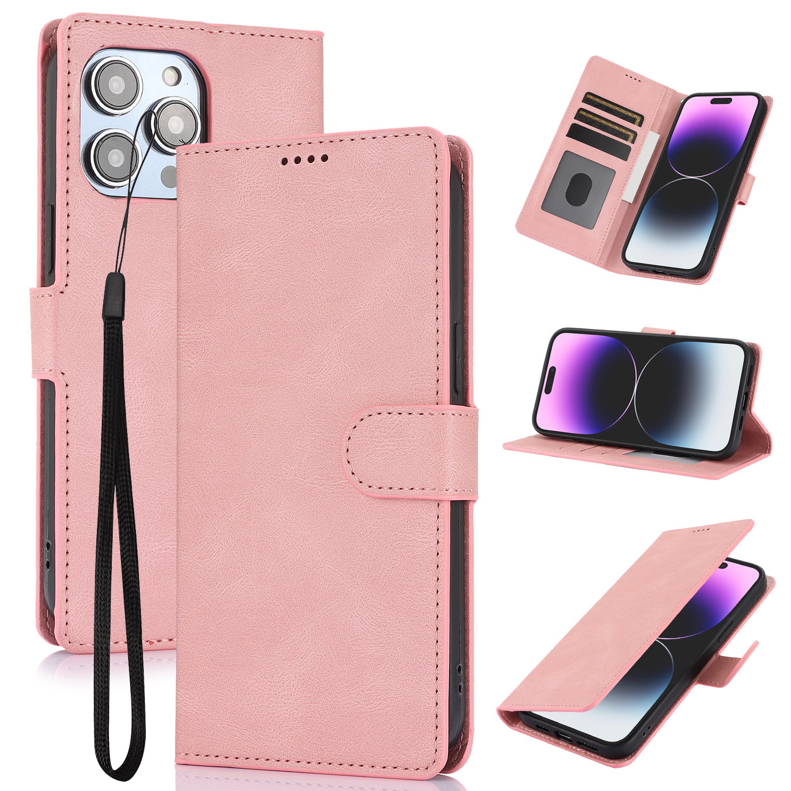 Rosa Handyhülle im Wallet-Stil mit Klappdeckel, Kartenfach und Handgelenkriemen