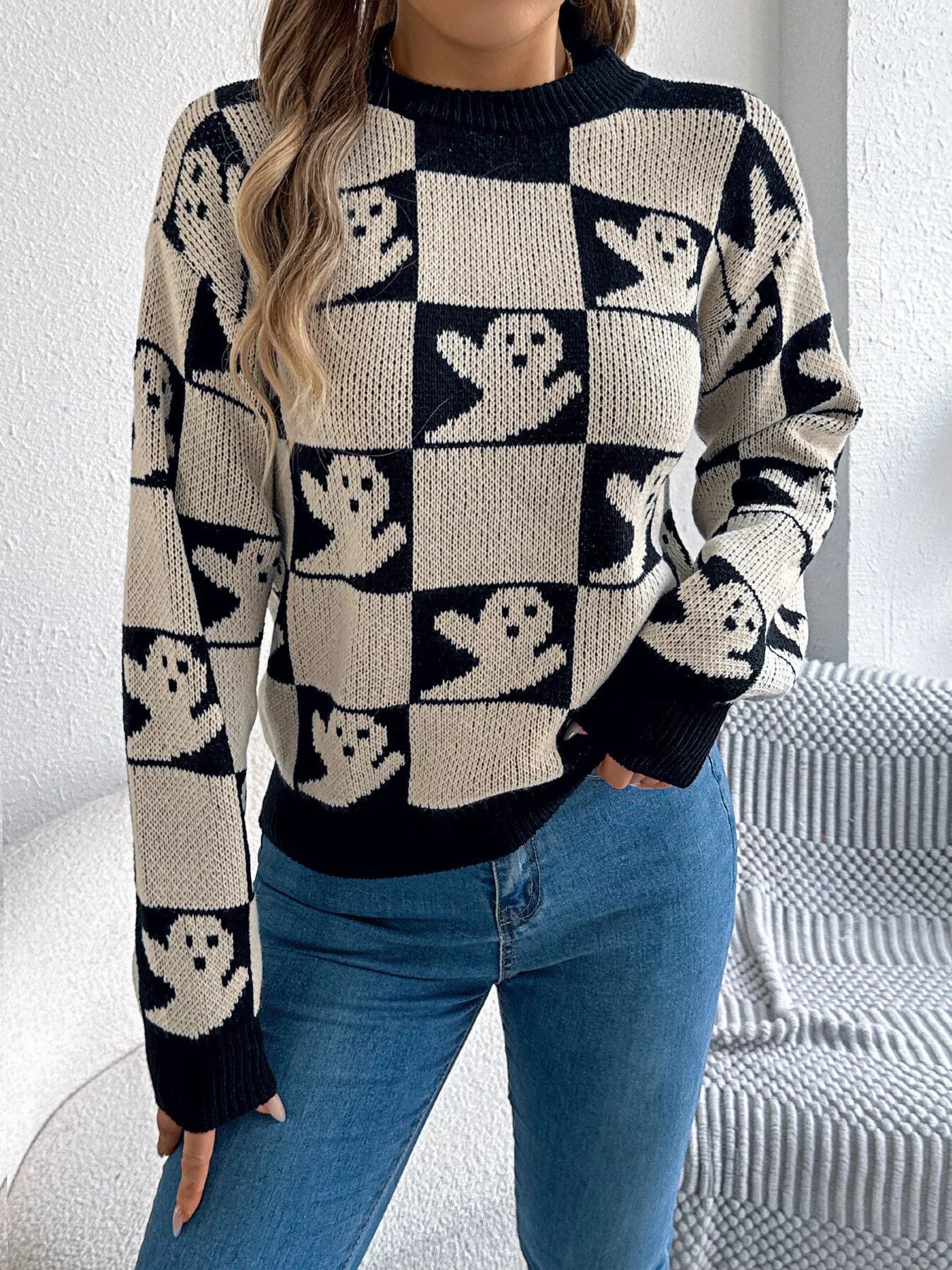 Halloween Ghost Pattern Checkered Round Neck Sweater - Tigbul's Variety Fashion Shop
