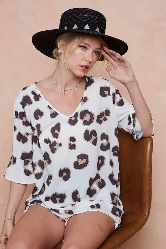 BiBi Leopard Printed V Neck Woven Top with Ruffled - Tigbul's Variety Fashion Shop