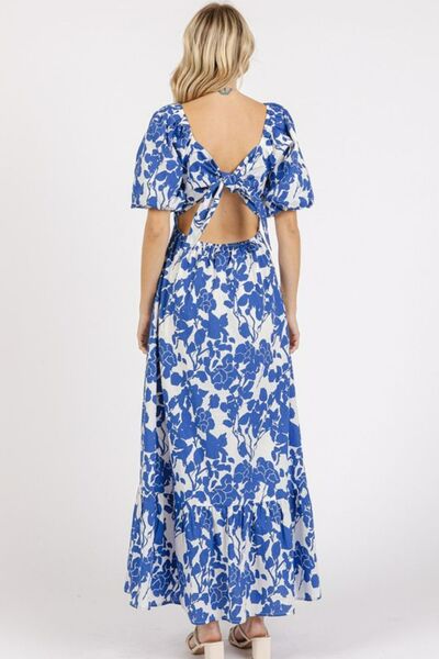 Royal Blue Cutout Back Floral Sweetheart Neck Puff Sleeve Dress - Tigbul's Variety Fashion Shop