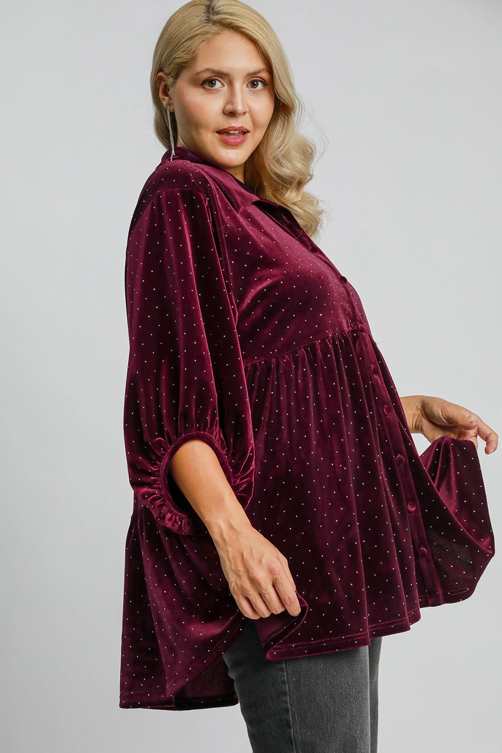Burgundy Polka Dot Button Up Half Sleeve Shirt - Tigbul's Variety Fashion Shop