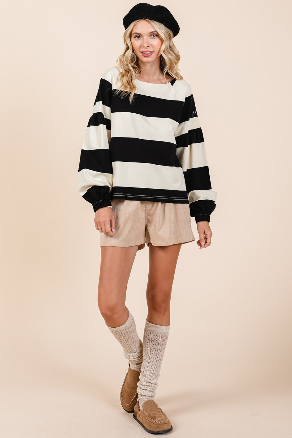 Striped Snap Shoulder Long Sleeve T-Shirt - Tigbul's Variety Fashion Shop