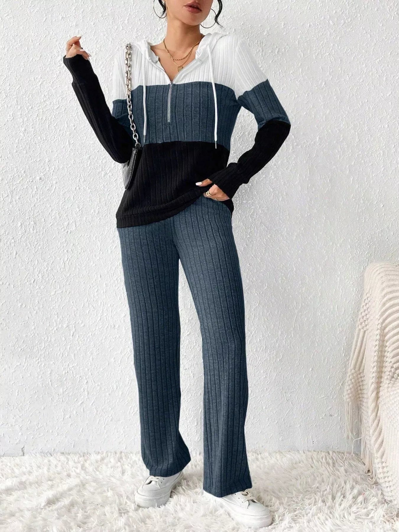 Color Block Half Zip Hooded Top and Pants Set - Tigbul's Variety Fashion Shop
