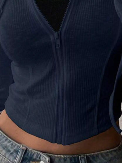 Ribbed Knit Cropped Zip-Up Outerwear - Tigbul's Variety Fashion Shop