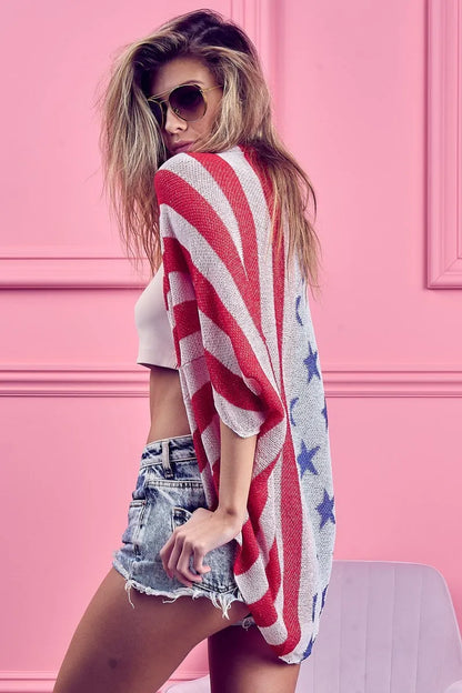 American Flag Theme Cocoon Knit Cardigan - Tigbul's Variety Fashion Shop