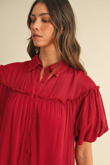 Deep Red Mineral Washed Button Down Puff Sleeve Shirt Dress - Tigbul's Variety Fashion Shop