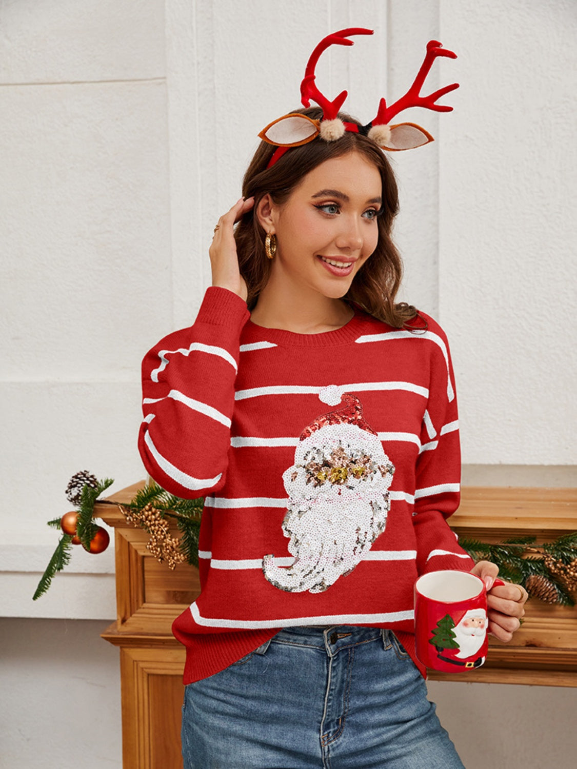 Sequin Santa Striped Round Neck Long Sleeve Sweater - Tigbul's Variety Fashion Shop