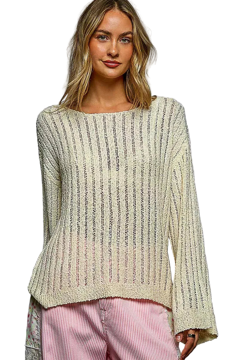 Tan open-weave round neck long sleeve sweater, relaxed pullover with ribbed hem