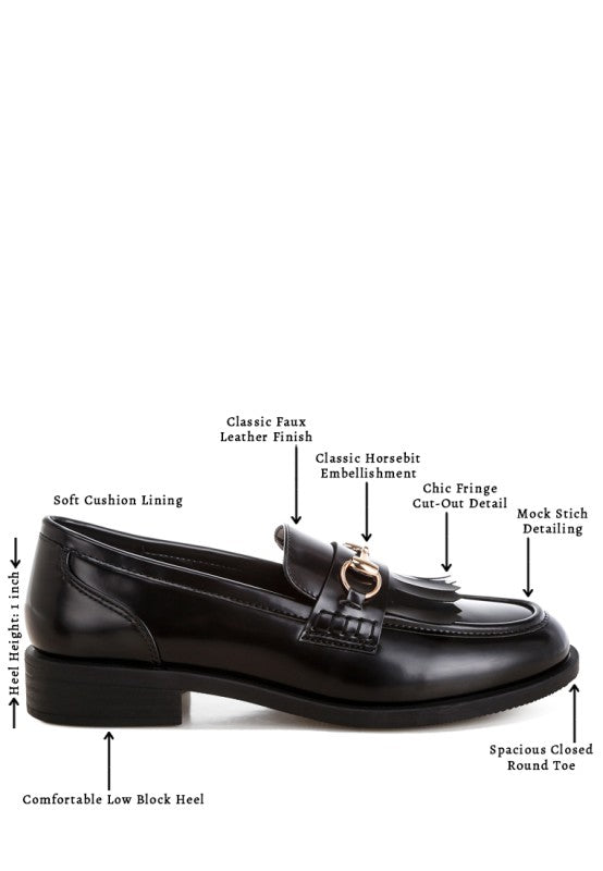 Black loafer features: closed round toe, low block heel, classic fringe, moc stitch