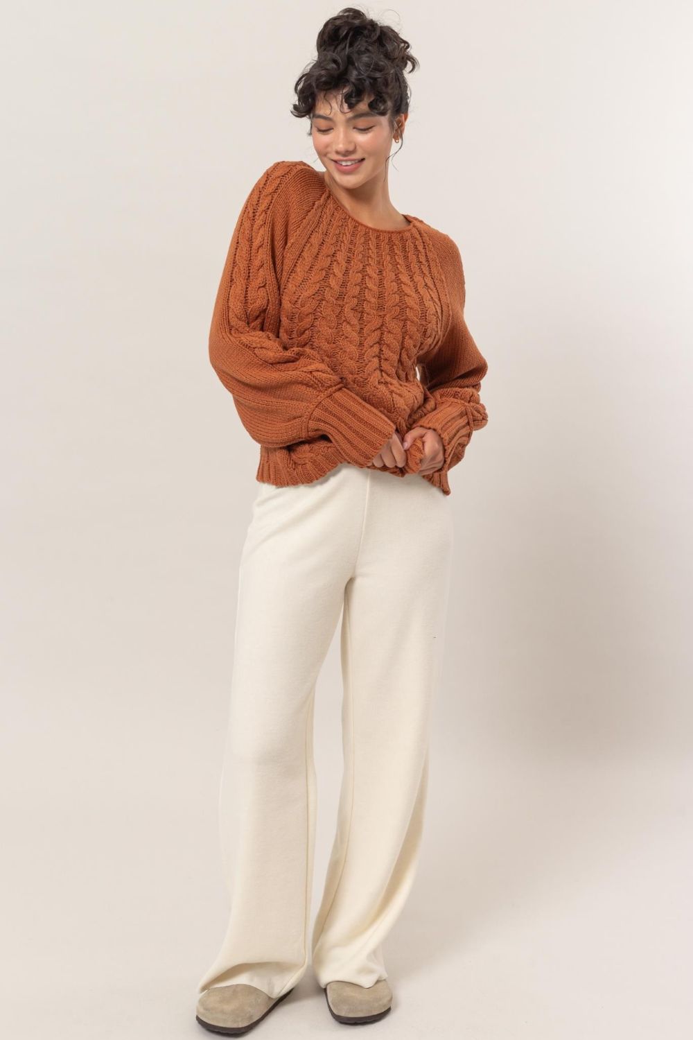 HYFVE Cable-Knit Round Neck Raglan Sleeve Sweater - Tigbul's Variety Fashion Shop