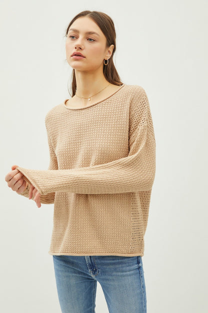 Be Cool Rolled Openwork Round Neck Sweater - Tigbul's Variety Fashion Shop