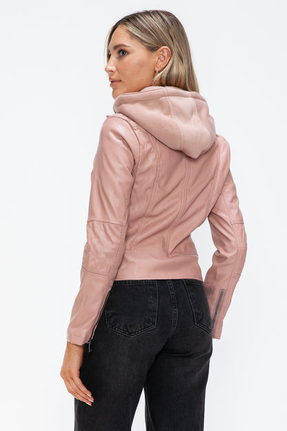 Mauve Faux Leather Zip Up Drawstring Hooded Jacket