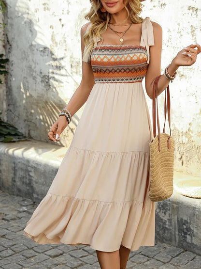 Tie Shoulder Square Neck Tiered Midi Dress - Tigbul's Variety Fashion Shop