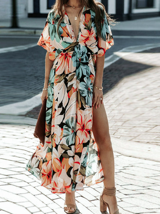 Floral Plunge Half Sleeve Dress - Tigbuls Variety Fashion