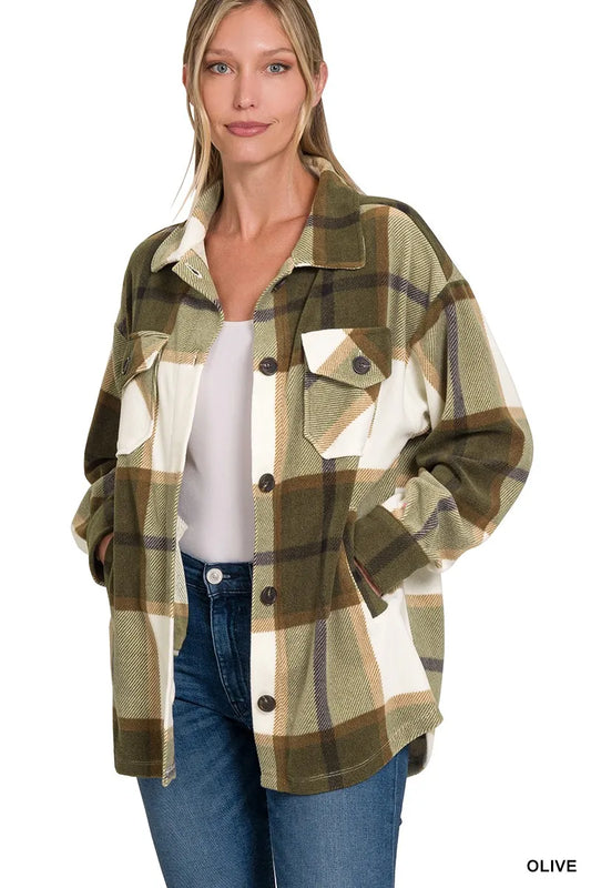Zenana Oversized Plaid Fleece Shacket - Tigbul's Variety Fashion Shop