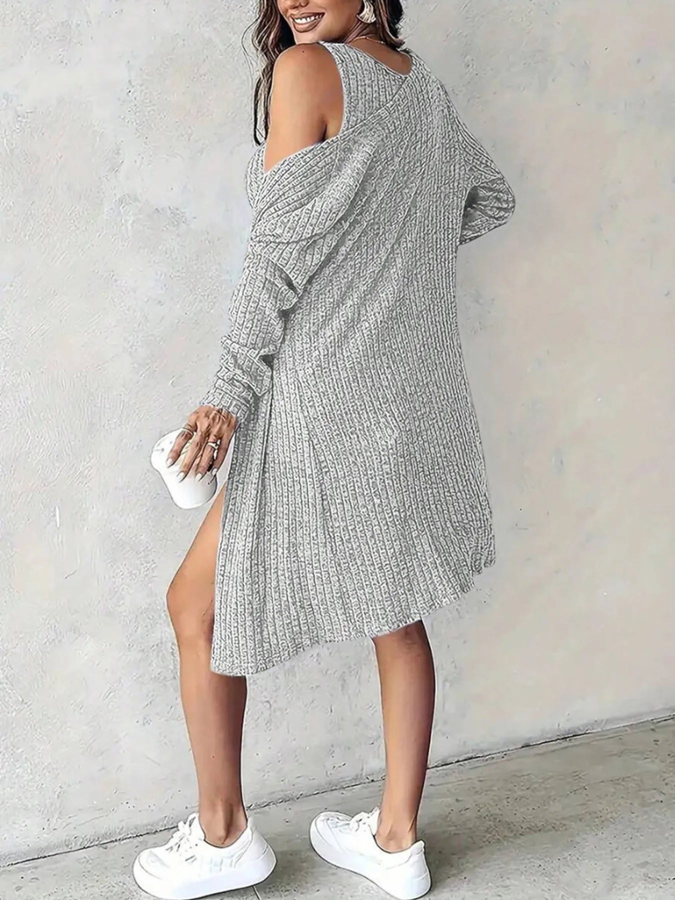 Ribbed Button Front Dress and Cardigan Sweater Set - Tigbul's Variety Fashion Shop